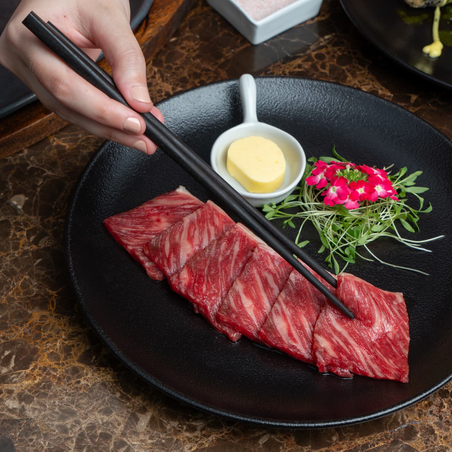 Láminas de American Wagyu con marmoleo intenso